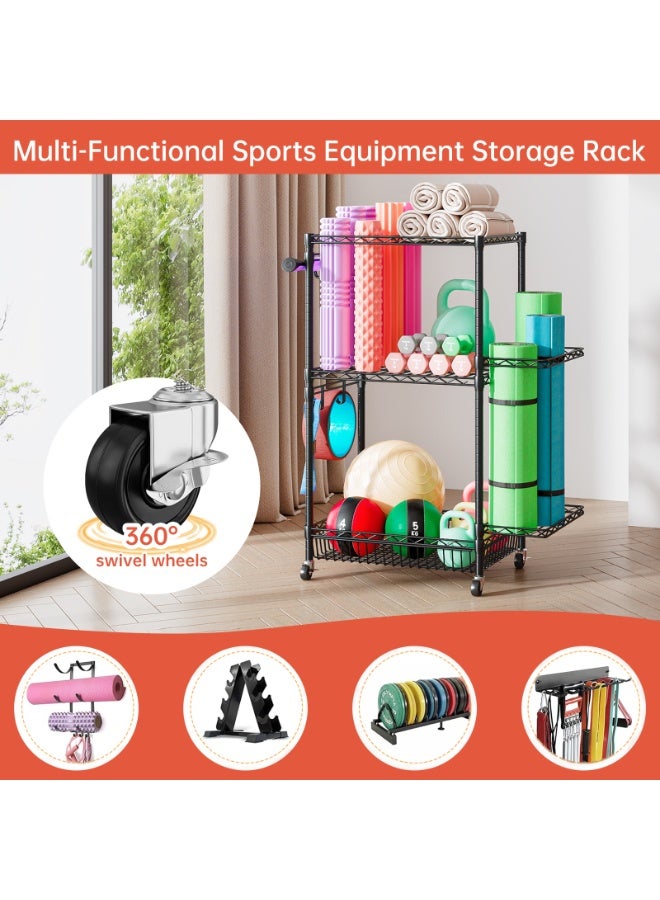 Solerconm Sports Equipment Storage Rack – 3 Tiers with 4 Lockable Casters and Hooks, Metal Organizer for Weights, Jump Ropes and Fitness Accessories, Rolling Design, Sturdy Structure - Image 3